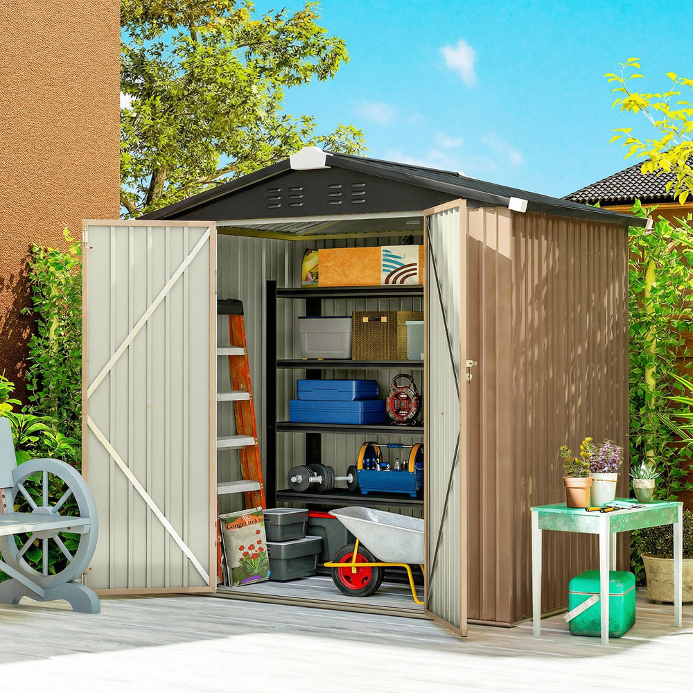 Abri de jardin en métal, avec double porte verrouillable et 4 aérations, couleur marron.