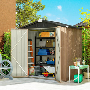 Abri de jardin en métal, avec double porte verrouillable et 4 aérations, couleur marron.