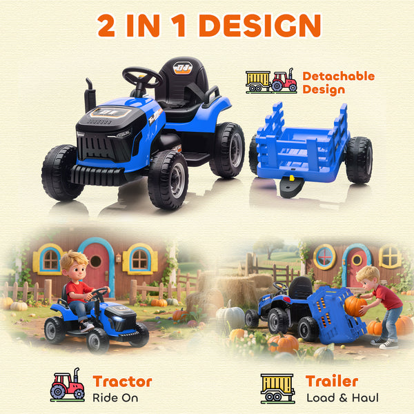 Tracteur 12 V bleu avec remorque, télécommande, musique, lumières, levier de vitesse