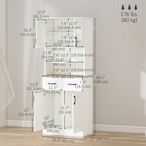 Meuble de rangement autoportant avec 2 étagères réglables, 2 tiroirs, comptoir ouvert et portes vitrées, blanc