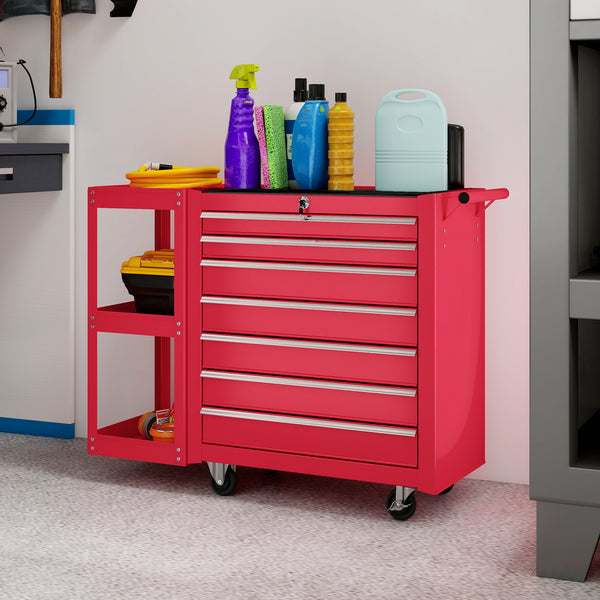 7-Drawer Rolling Tool Chest with Detachable Side Shelf, Lockable Tool Cabinet Box Organizer with Wheels, Red