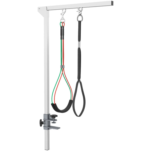 Adjustable grooming arm with clamp, hip supports, and grooming loop