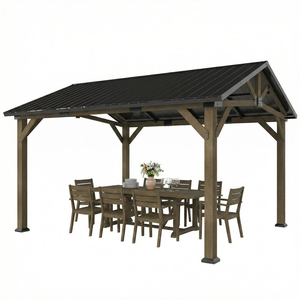 Toit de jardin rigide avec toit en métal galvanisé, structure en bois de sapin et crochet central pour terrasse, noir et gris