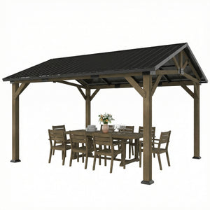 Toit de jardin rigide avec toit en métal galvanisé, structure en bois de sapin et crochet central pour terrasse, noir et gris