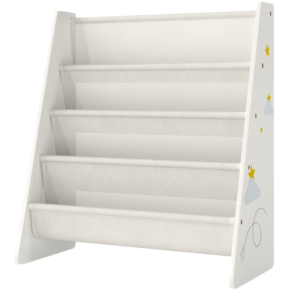 Qaba Fabric Kids Bookshelf, 4-Tier Toddler Sling Book Rack for Playroom, Bedroom, Nursery and Kids Room for Ages 3-6, White