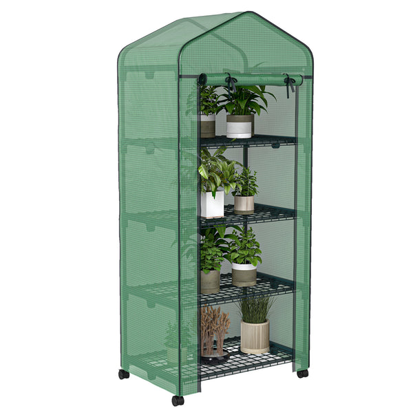 Portable greenhouse with 4 shelves, PE cover, green