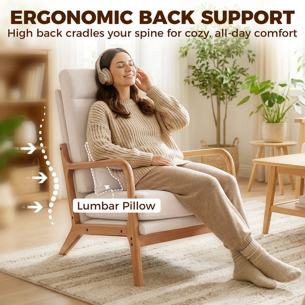 Fauteuil d'appoint moderne en lin avec coussin lombaire, dossier haut, assise large, coussin épais, structure en bois massif, blanc crème