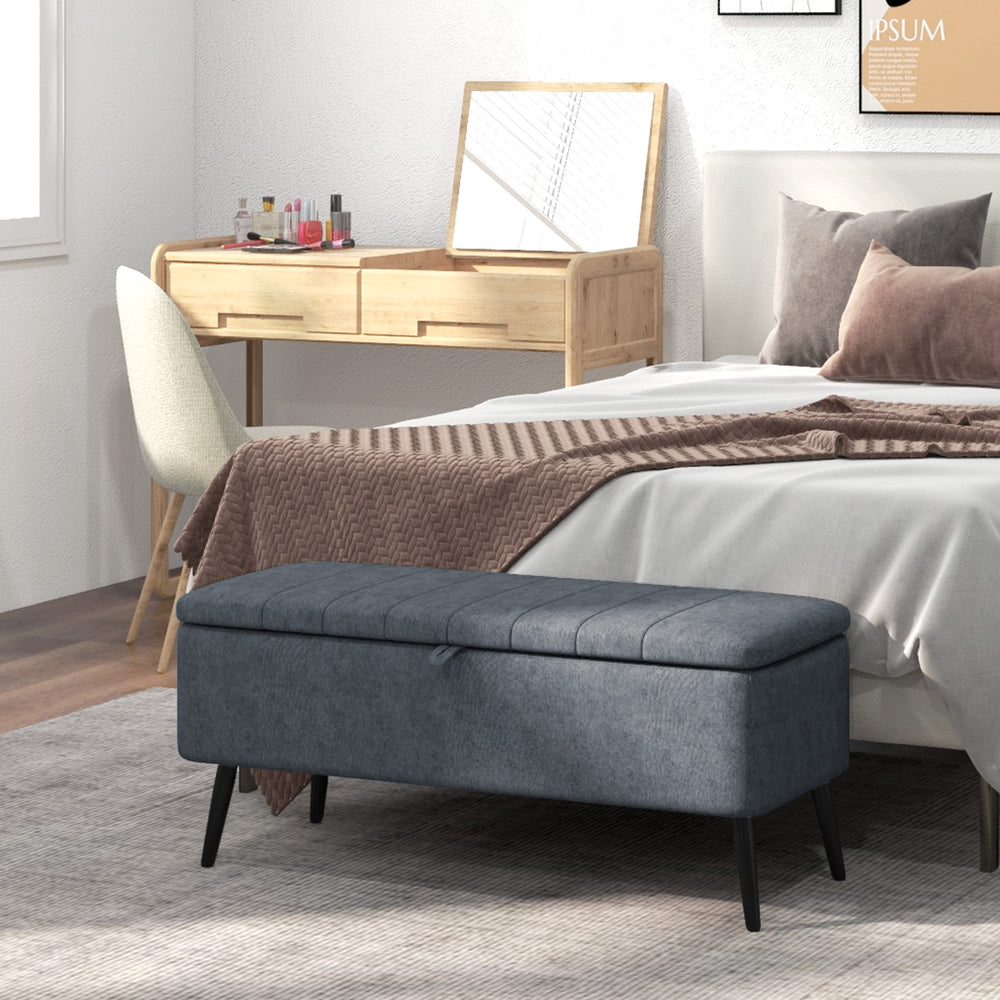 Banc ottoman de rangement rembourré en lin et pieds en acier, gris foncé