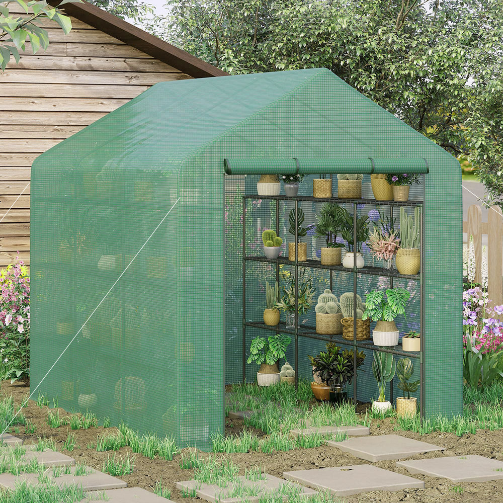 Portable greenhouse with 18 shelves and roll-up door