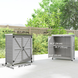 Garden storage unit with metal top, shelf and double door, grey