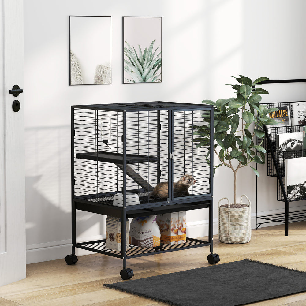 Cage roulante pour petits animaux avec plateau amovible et étagère de rangement, noire