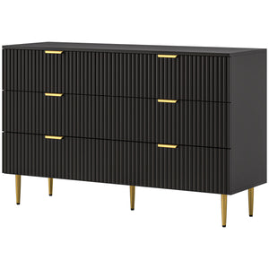 Commode moderne à 6 tiroirs pour chambre à coucher avec pieds et poignées dorés, noir