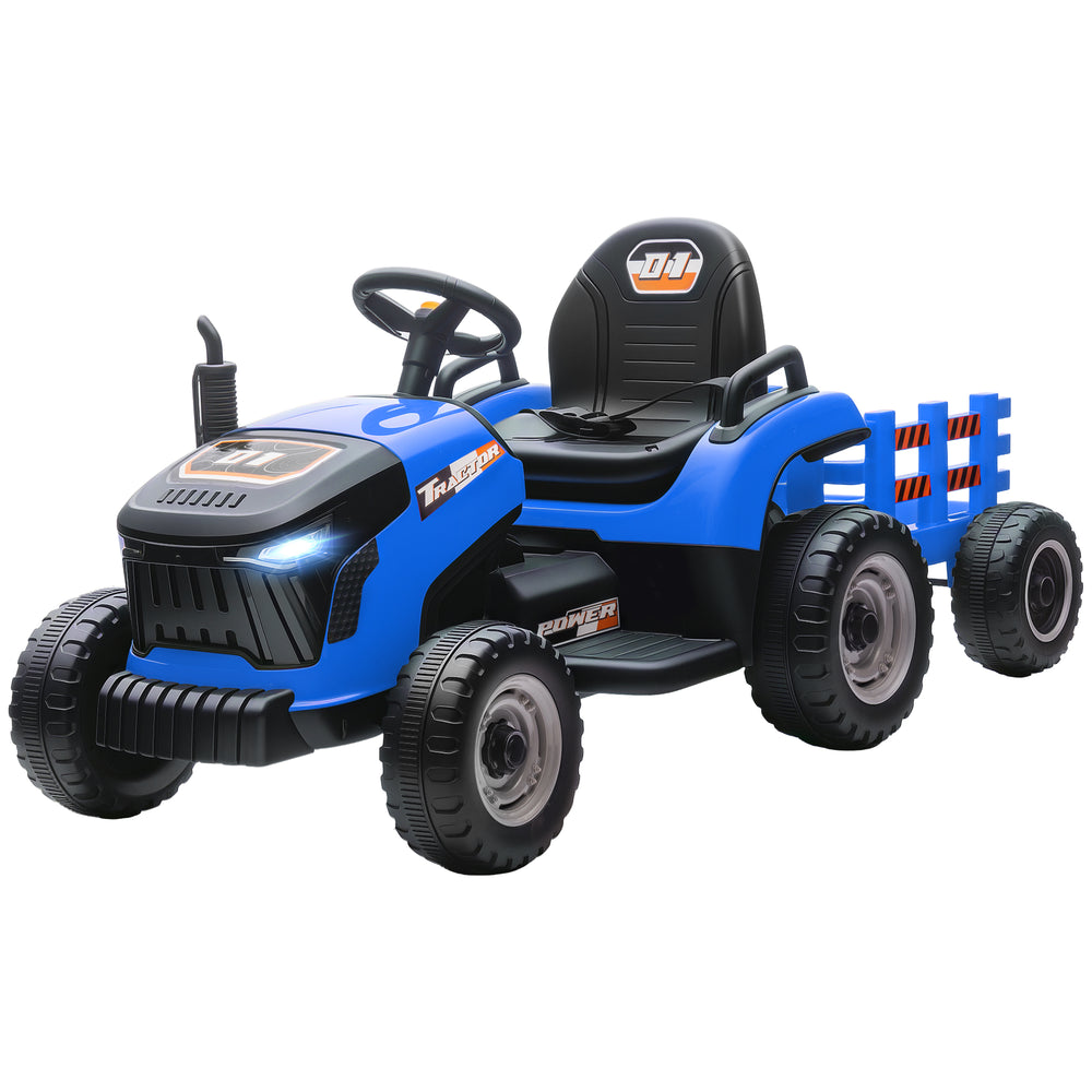 Tracteur 12 V bleu avec remorque, télécommande, musique, lumières, levier de vitesse