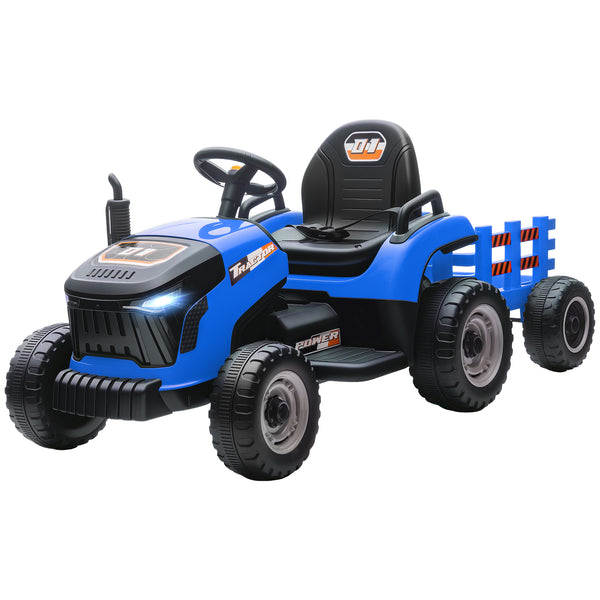 Tracteur 12 V bleu avec remorque, télécommande, musique, lumières, levier de vitesse