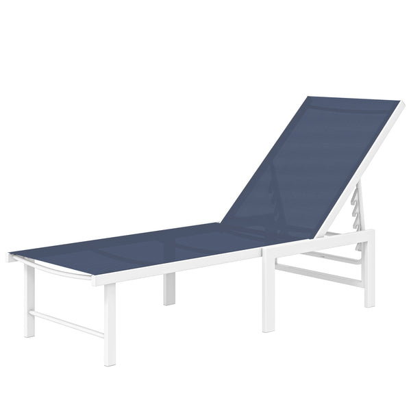 Outdoor Lounge Chair, 5-Position Reclining Outdoor Chaise Lounge Tanning Chair with Mesh Seat, Dark Blue