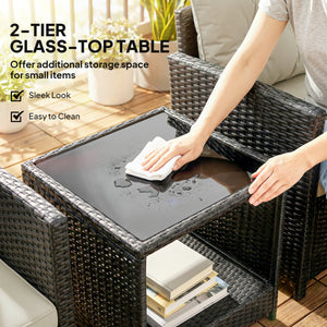 Ensemble de mobilier de patio en résine tressée 3 pièces avec table à deux niveaux et plateau en verre, beige