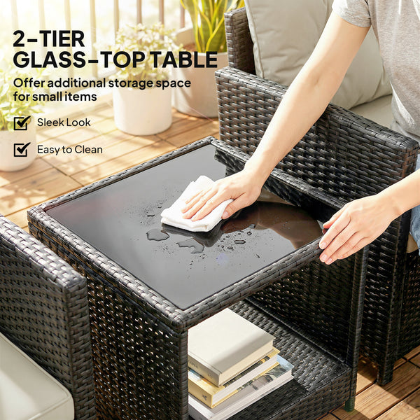 Ensemble de mobilier de patio en résine tressée 3 pièces avec table à deux niveaux et plateau en verre, beige