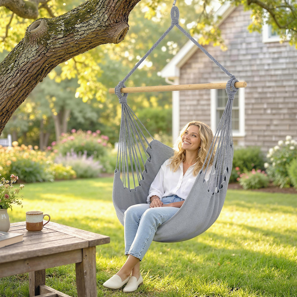 Hammock Chair Swing Hanging Macrame Chair w/ Two Soft Seat Cushions, Grey