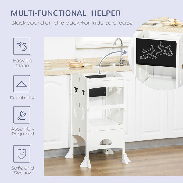 Tabouret de cuisine pliable pour tout-petits avec tableau noir et rampe verrouillable, Blanc