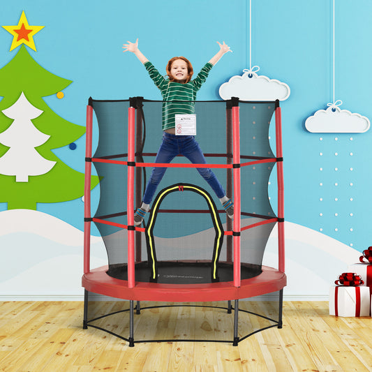 Outsunny 55" Kids Trampoline with Enclosure Net for Indoor/Outdoor, for Boys and Girls Ages 3-6, Red 