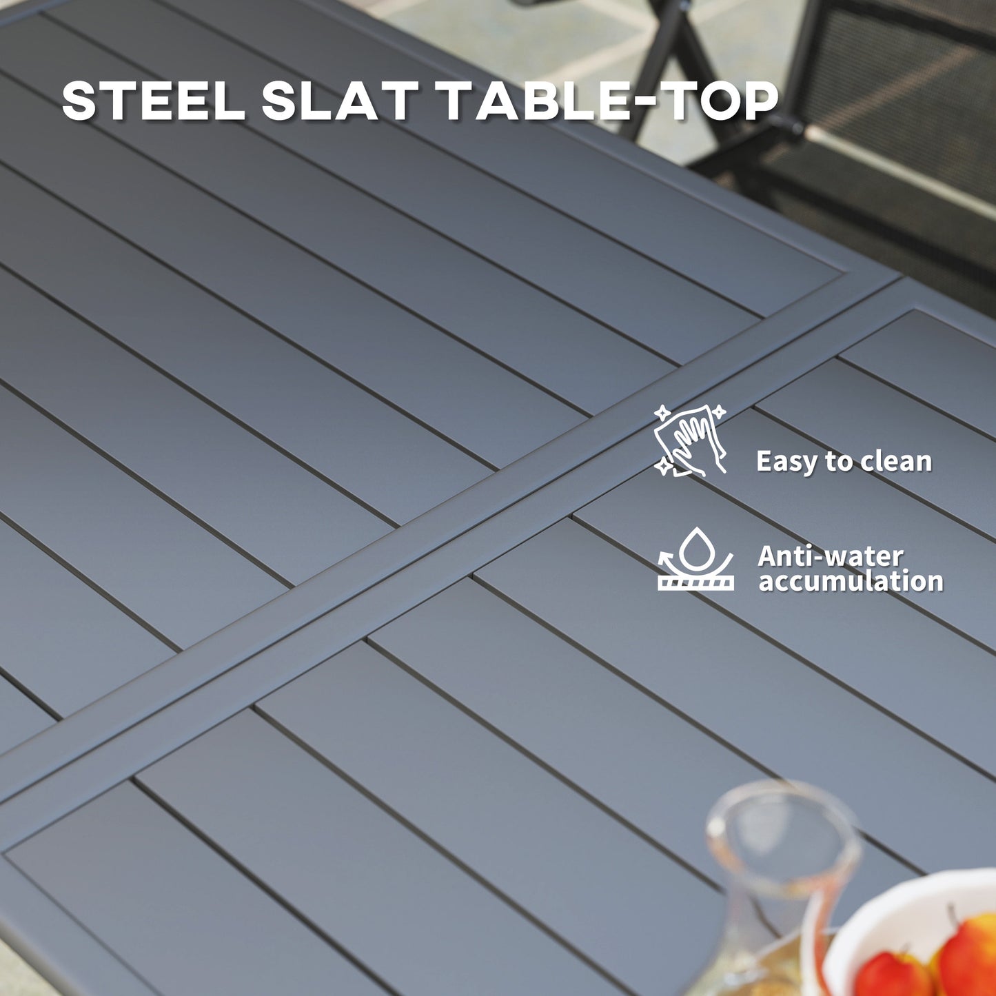 Outsunny Rectangular Dining Table for 6 People, Steel Slatted Outdoor Table for Lawn and Garden, 150 x 80 x 74 cm, Grey