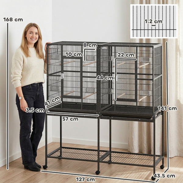 56"H Bird Cage, Parrot Cage with Detachable Rolling Stand, Removable Tray, Storage Shelf, Perches, Food Container