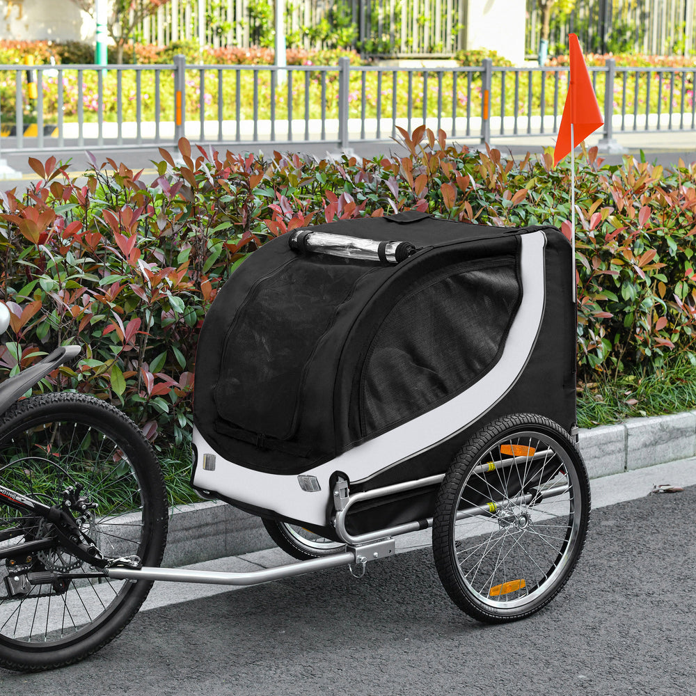 Remorque vélo pour chien avec attelage, réflecteurs et drapeau, blanc