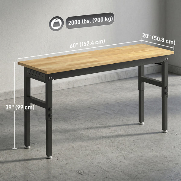 60" Adjustable Workbench, Heavy Duty Work Table with Rubber Wood Top, Power Outlets, Pegboard, 2000 LBS Capacity
