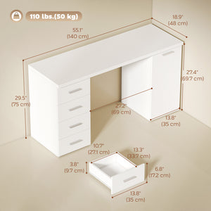 Bureau d'ordinateur avec étagère réglable, tiroirs et armoire, aspect bois blanc.