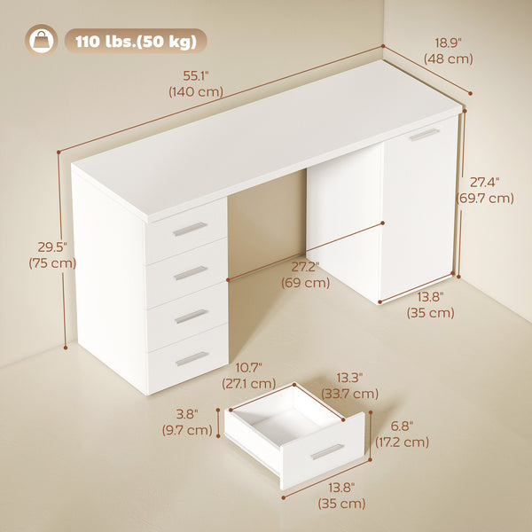 Bureau d'ordinateur avec étagère réglable, tiroirs et armoire, aspect bois blanc.