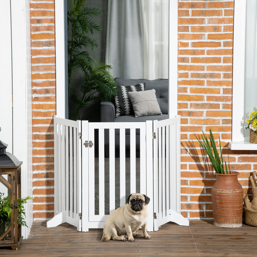 White foldable dog gate with door and 3 panels