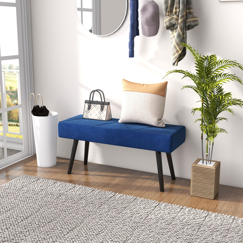 Banc de chambre rembourré moderne avec pieds en acier, bleu foncé