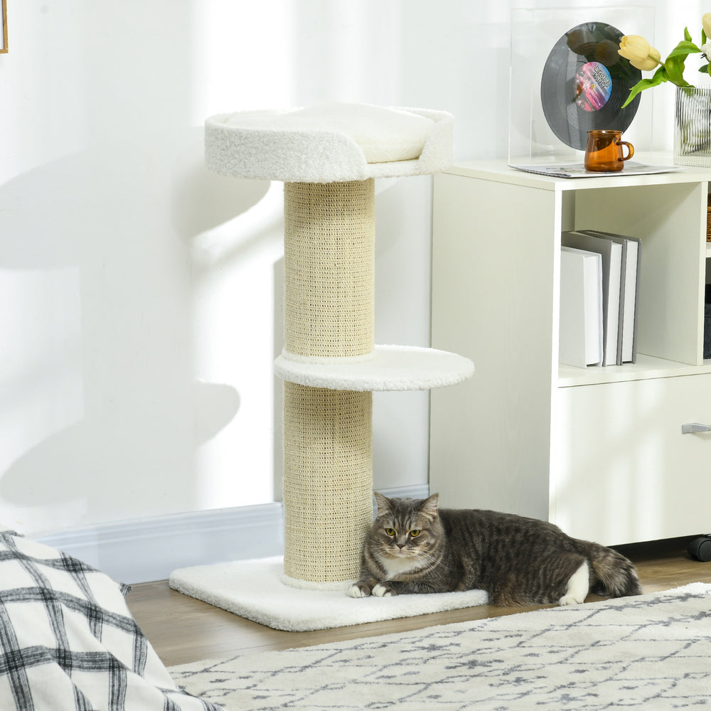 Arbre à chat avec tapis en sisal, griffoir, panier, coussin et perchoir, blanc crème
