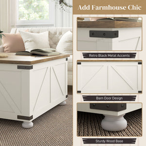 Table basse de style farmhouse avec couvercles rabattables, blanc antique