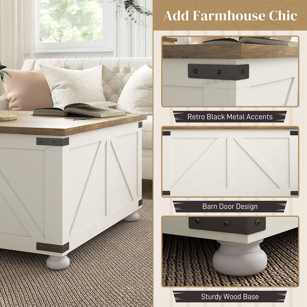 Table basse de style farmhouse avec couvercles rabattables, blanc antique