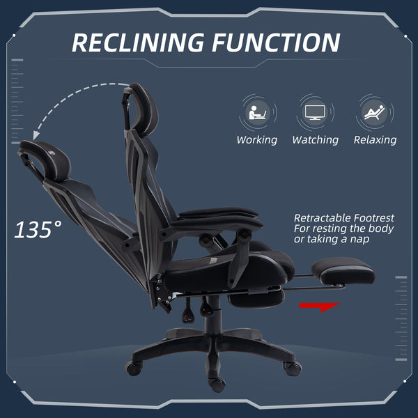 Ergonomic gaming chair with footrest, black