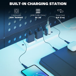 79 inch Gaming Desk with RGB Lights, Computer Table with Power Outlets & USB Ports, Keyboard Tray and 2 Drawers, White