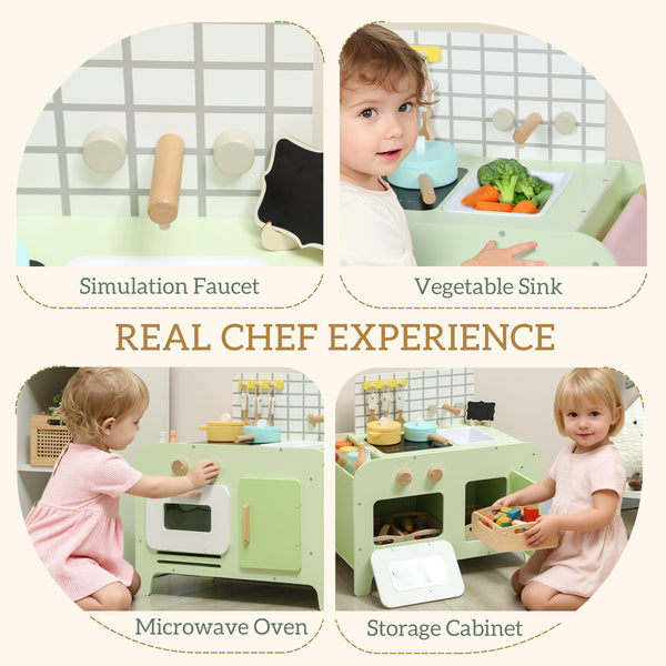 Kids Kitchen with 15 Accessories, Microwave and Cabinets, Green
