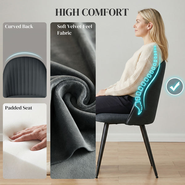 Set of 4 Modern Velvet Dining Chairs with Legs, Dark Grey