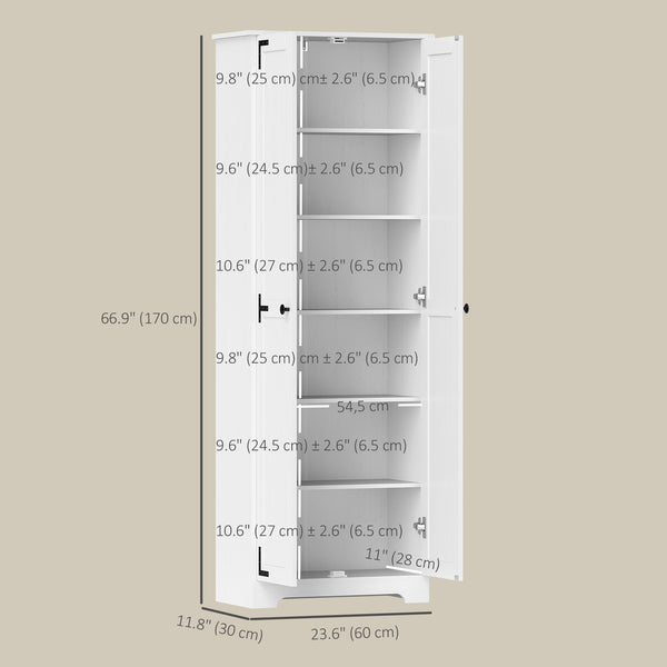 Armoire de rangement haute  de style campagnard avec 2 portes et étagères réglables, blanc vieilli