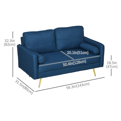 2 seater upholstered sofa with back cushions and pillows, blue