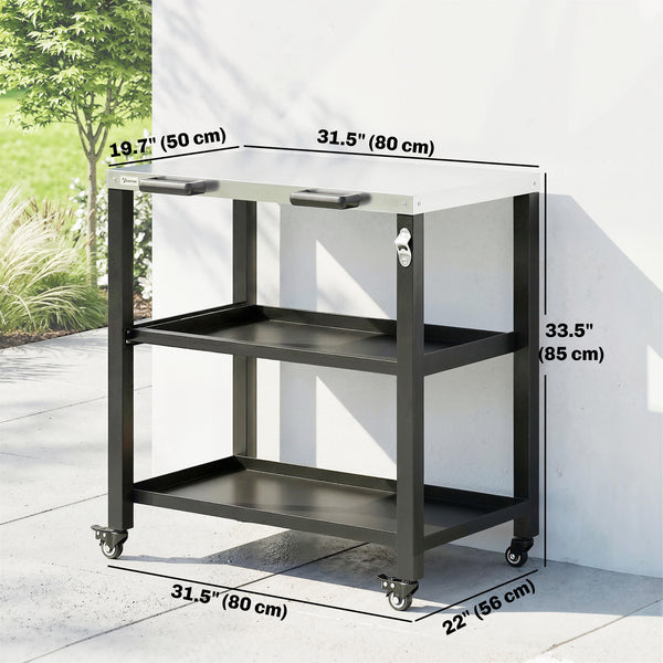 Outdoor kitchen trolley with stainless steel top, 2 shelves with lockable wheels