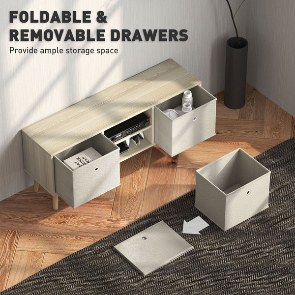 Meuble TV moderne avec tiroirs et étagères pliables, couleur naturelle