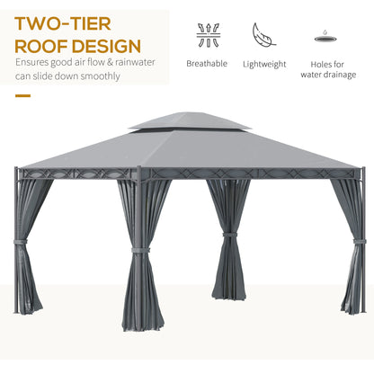 Gazebo 10'x13' couvert à deux niveaux en acier avec rideau, gris