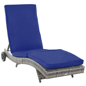 Chaise longue en résine tressée réglable avec coussin et roulettes, bleu foncé