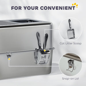 Stainless Steel Cat Litter Box with Lid, Extra Large Enclosed Litter Box with Top Litter-Catching Holes, Scoop, Silver