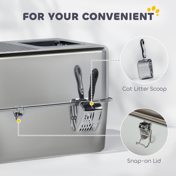 Stainless Steel Cat Litter Box with Lid, Extra Large Enclosed Litter Box with Top Litter-Catching Holes, Scoop, Silver