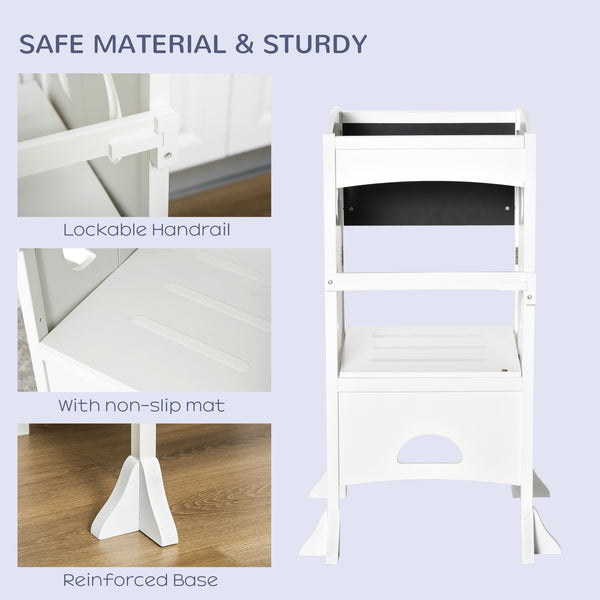 Tabouret de cuisine pliable pour tout-petits avec tableau noir et rampe verrouillable, Blanc