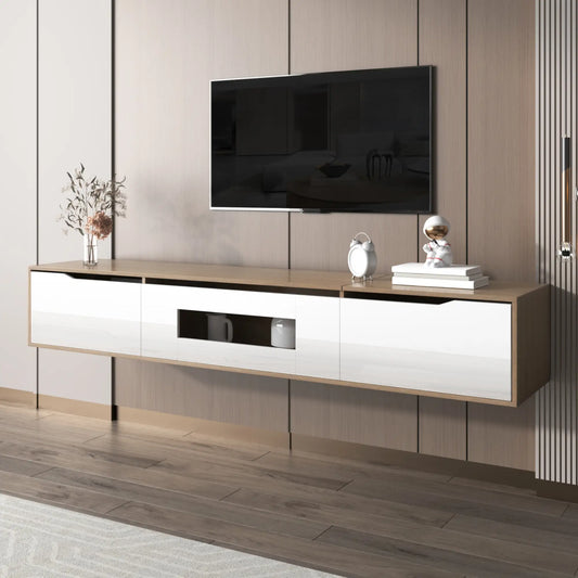 Meuble TV brillant avec éclairage LED, design moderne et options de montage polyvalentes, blanc et bois
