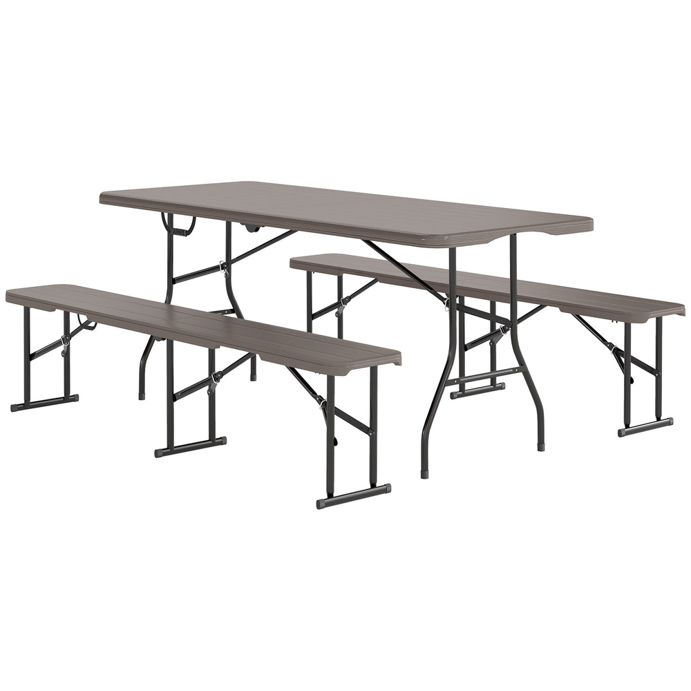 Ensemble table et bancs de camping pliants avec poignées de transport, marron
